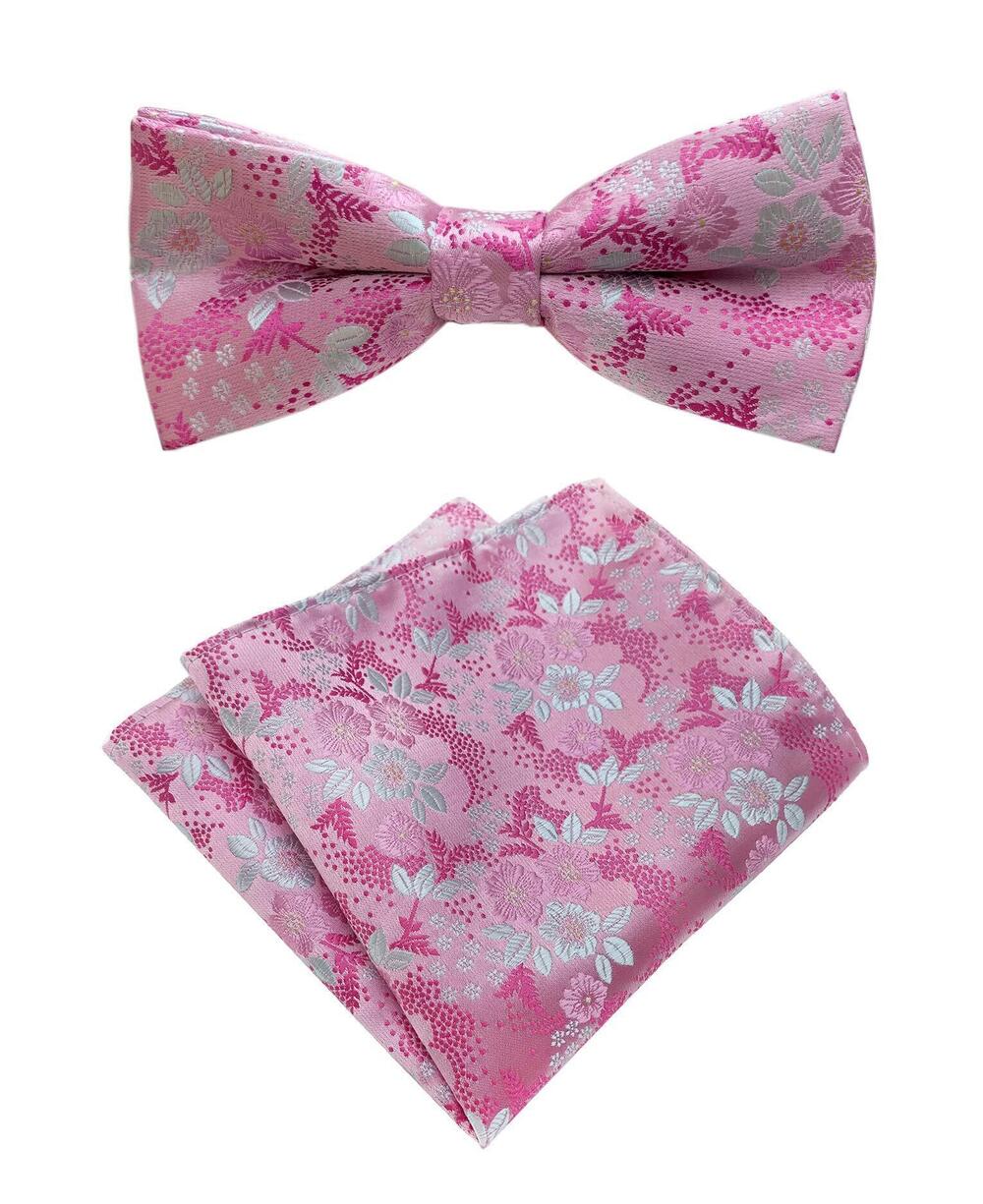 1139 Boys Pink White Floral Jacquard Silk Bow Tie Pocket Square Set Formal